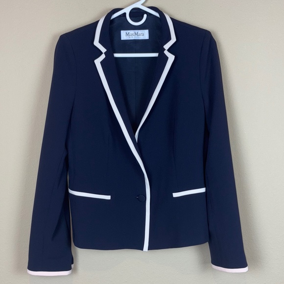 MaxMara Navy Blue Single Breasted Long Sleeve Blazer/Jacket w/ Off White Trim - Picture 1 of 12